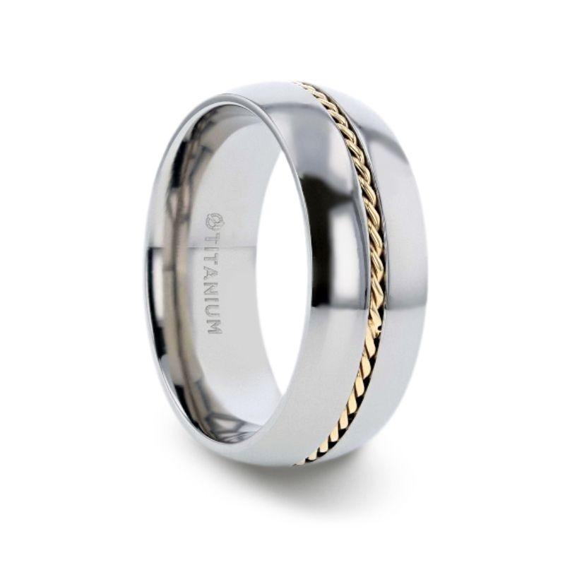 CHRISTIAN Titanium Domed Polished Men 's Wedding Ring With 14k Yellow Gold Braided Inlay - 8mm - Thorsten Rings