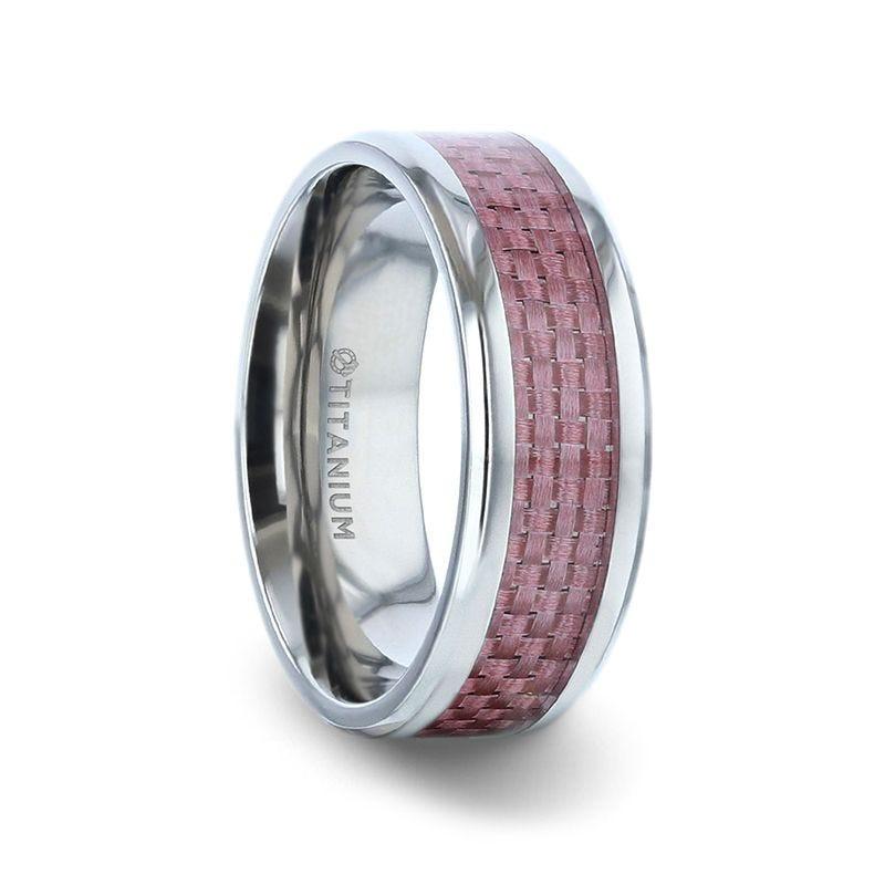 DOMINIQUE Pink Carbon Fiber Inlaid Titanium Flat Polished Finish Ring Band With Beveled Edges - 8mm - Thorsten Rings