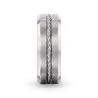 ALBERT Steel Cable Inlaid Brushed Center Titanium Men's Wedding Band With Beveled Polished Edges - 8mm