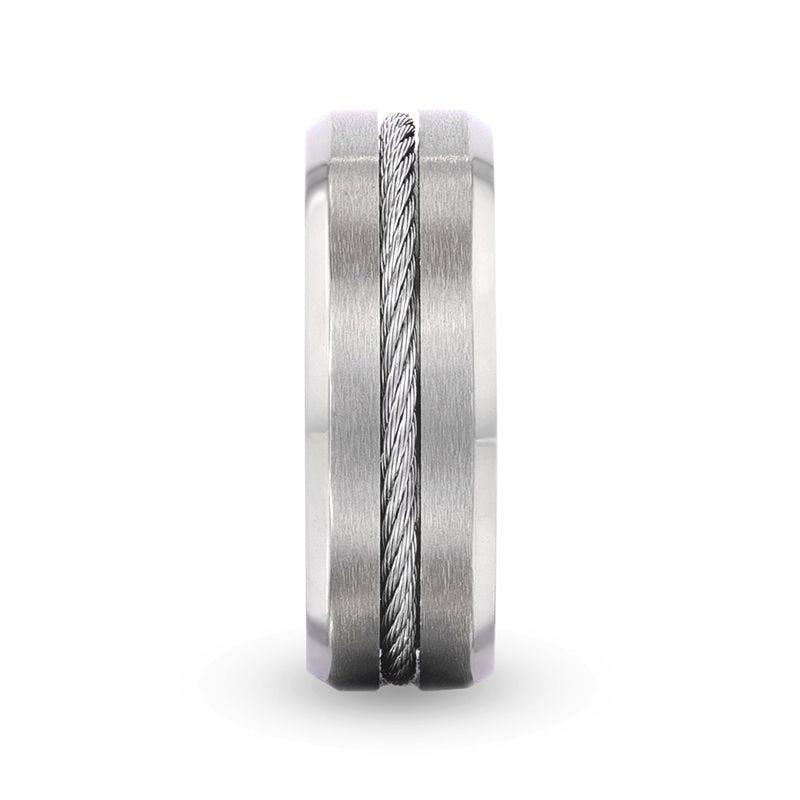 ALBERT Steel Cable Inlaid Brushed Center Titanium Men's Wedding Band With Beveled Polished Edges - 8mm
