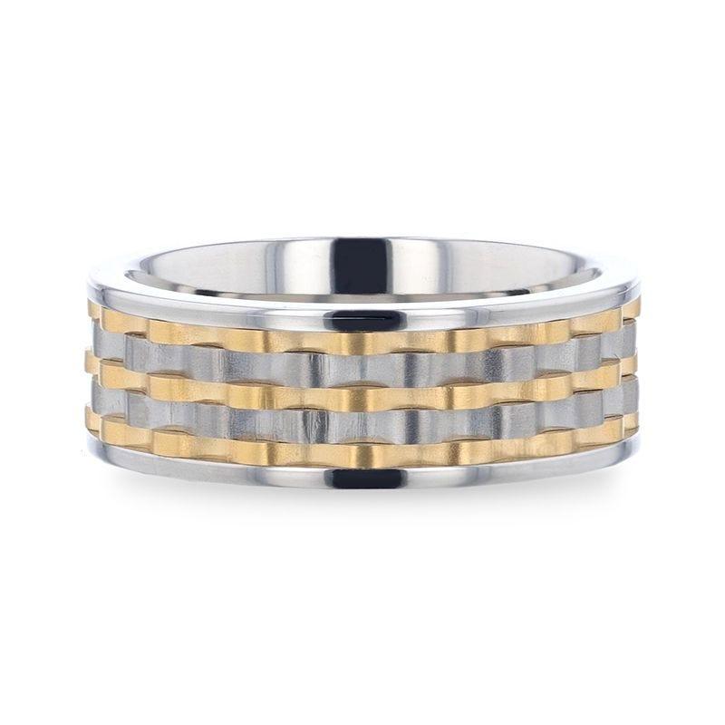 MONTROSE Wavy Gold And Gunmetal Texture Pattern Inlaid Titanium Men's Wedding Band With Flat Polished Profile - 8mm