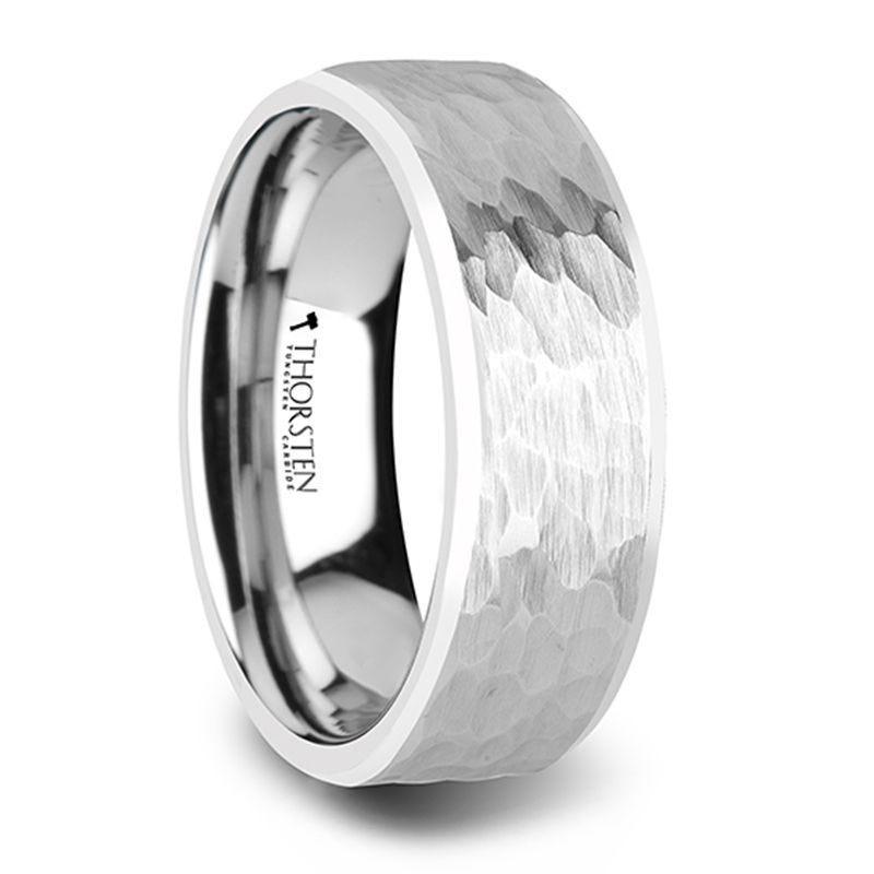 MARTEL White Tungsten Ring with Hammered Finish and Polished Bevels - 8mm & 10mm - Thorsten Rings