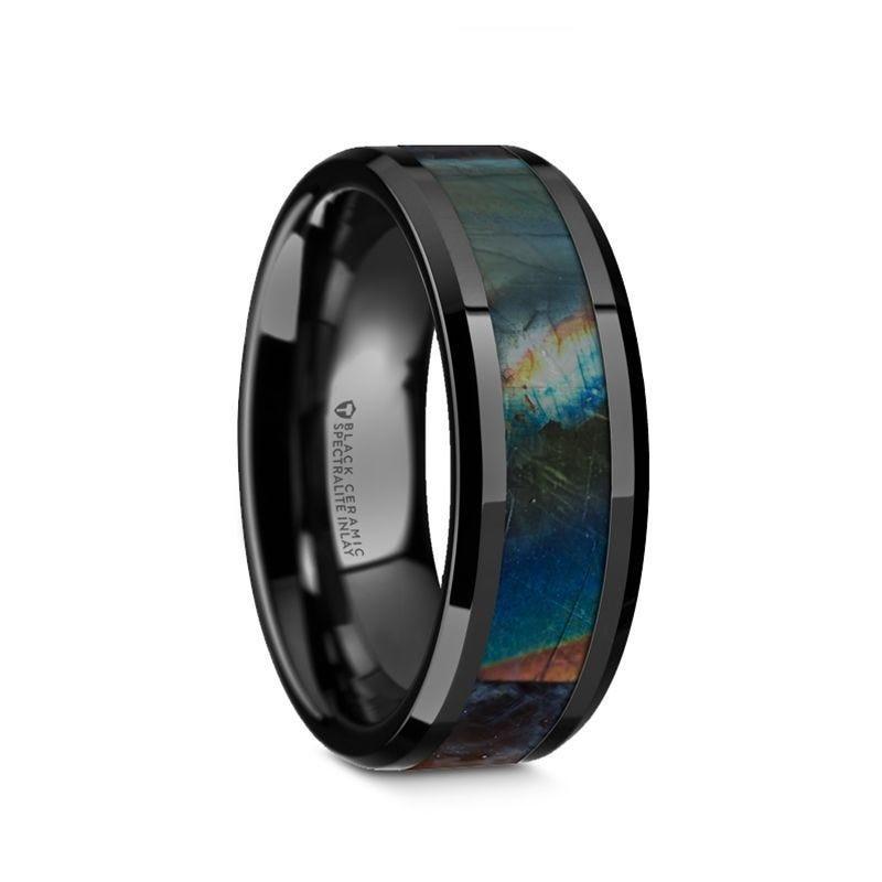 IRIDESCENCE Black Ceramic Spectrolite Inlay Polished Finish Wedding Band with Beveled Edges - 8mm - Thorsten Rings