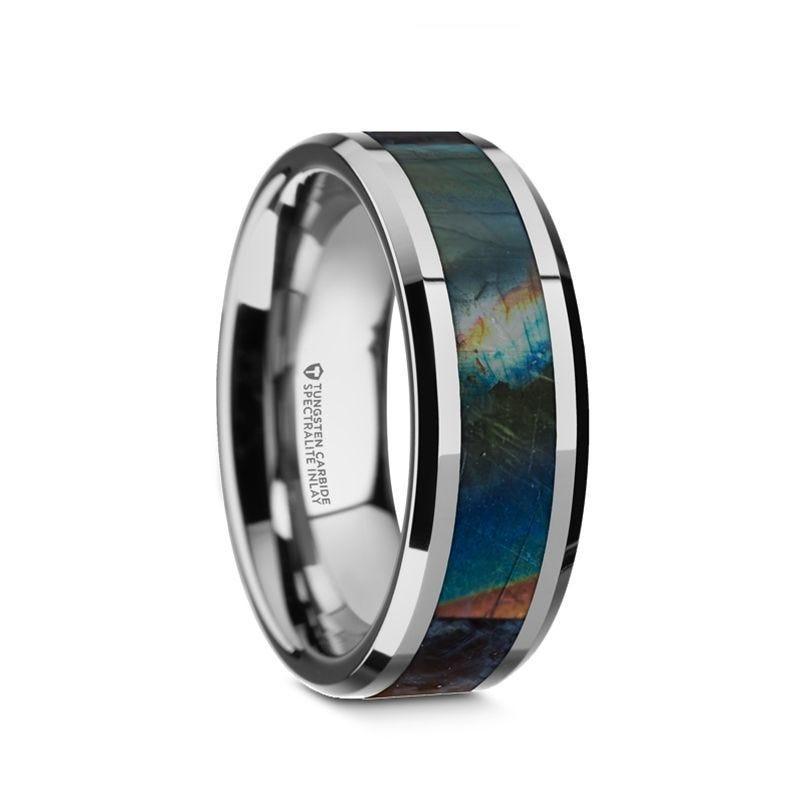 ESSENCE Beveled Tungsten Carbide Wedding Ring with Spectrolite Inlay Polished Finish - 8mm - Thorsten Rings