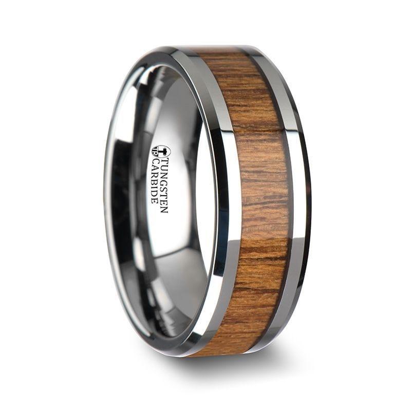 TEKKU Wood Tungsten Ring with Polished Bevels and Teak Wood Inlay - 6mm - 10mm - Thorsten Rings