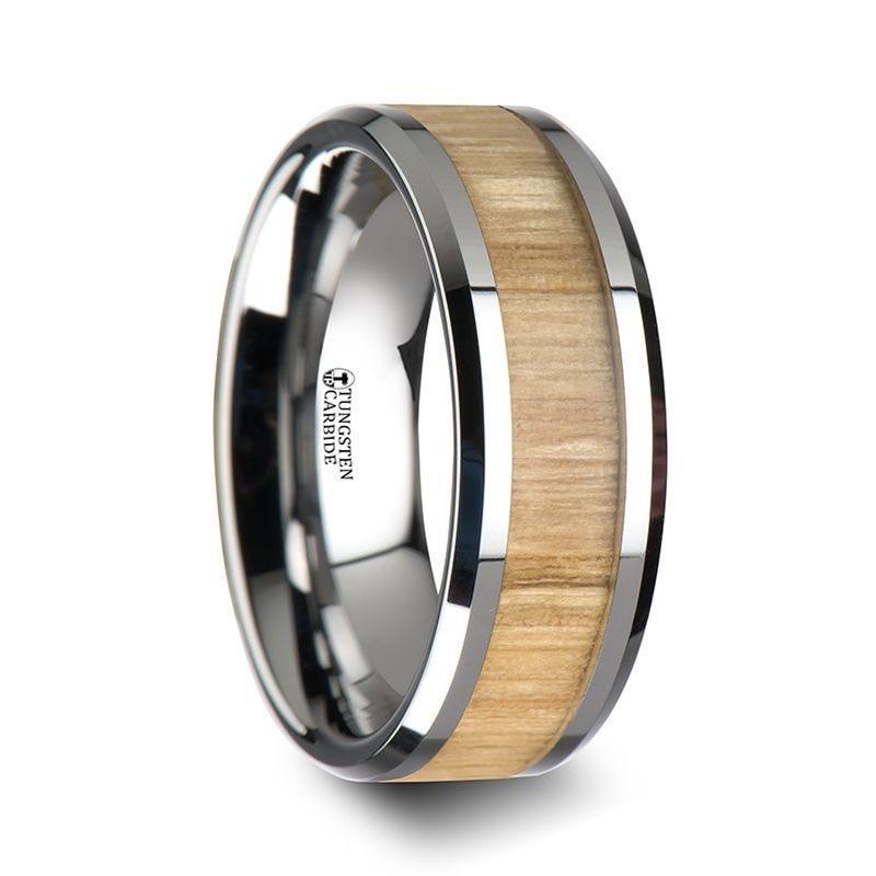 SAMARA Tungsten Ring with Polished Bevels and Real Wood Ash Wood Inlay - 10mm - Thorsten Rings