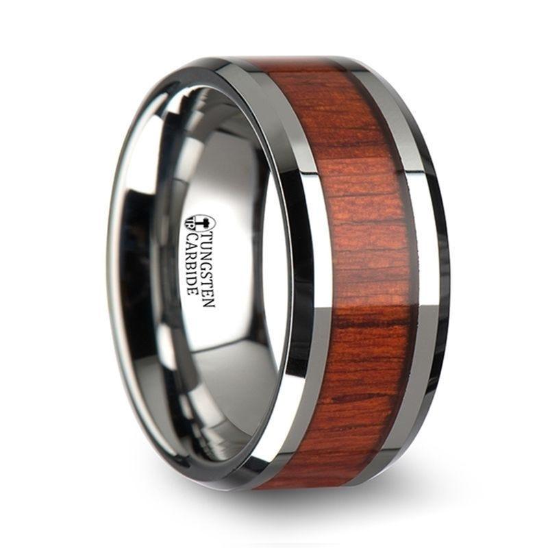 NARRA Tungsten Wood Inlay Ring with Polished Bevels and Real Padauk Wood Inlay - 6mm - 10mm - Thorsten Rings