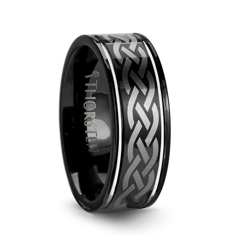 KILDARE Celtic Engraved Design Black Tungsten Wedding Band - 8mm - Thorsten Rings