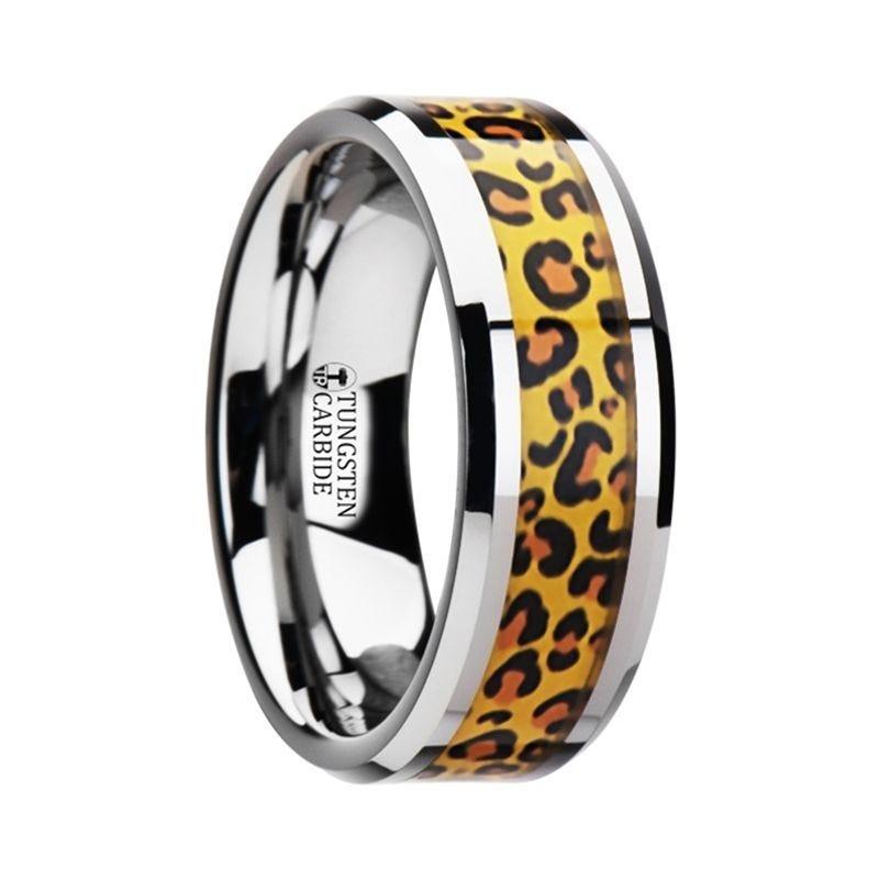 SAVANNAH Tungsten Wedding Ring with Cheetah Print Animal Design Inlay - 6mm & 8mm - Thorsten Rings
