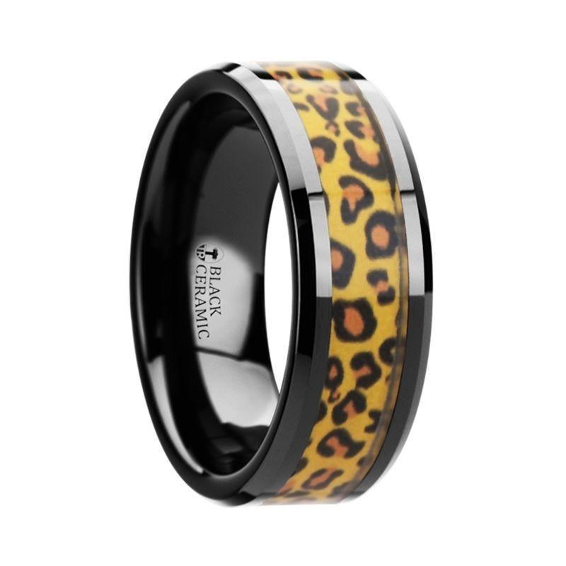 NAMIBIA Black Ceramic Wedding Band with Cheetah Print Animal Design Inlay - 6mm & 8mm - Thorsten Rings