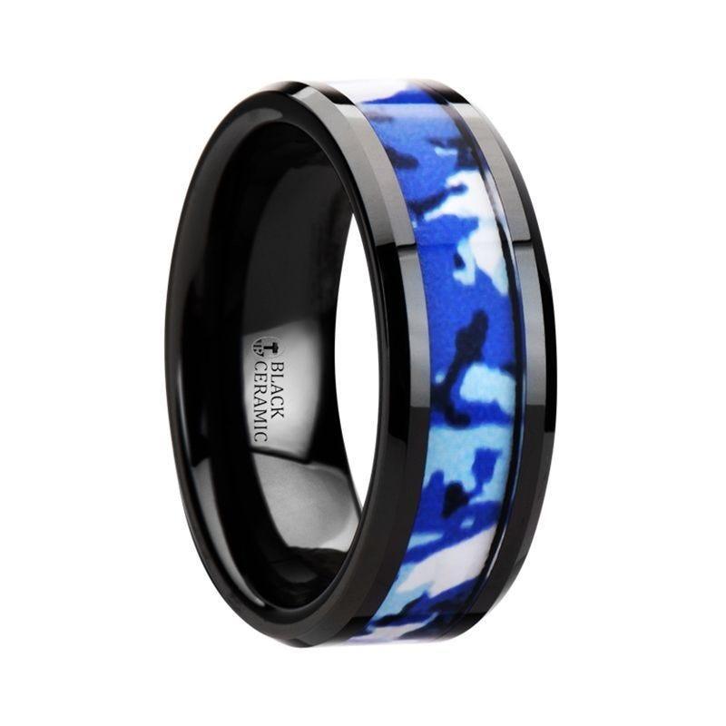 RECOIL Black Ceramic Ring with Blue and White Camouflage Inlay - 8mm - Thorsten Rings