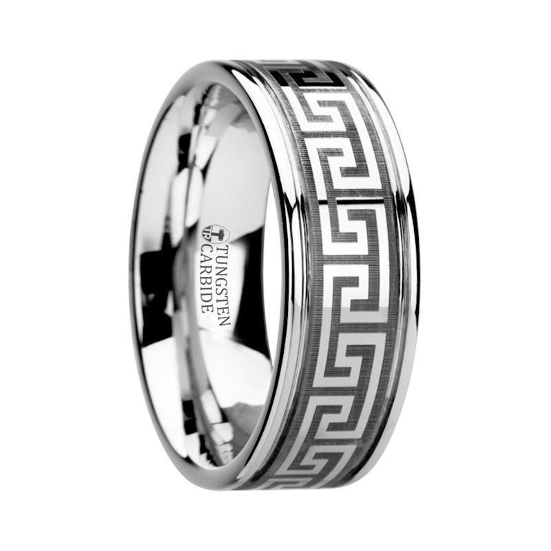 THASOS Grooved Tungsten Carbide Wedding Band with Greek Key Meander Design - 8mm - Thorsten Rings