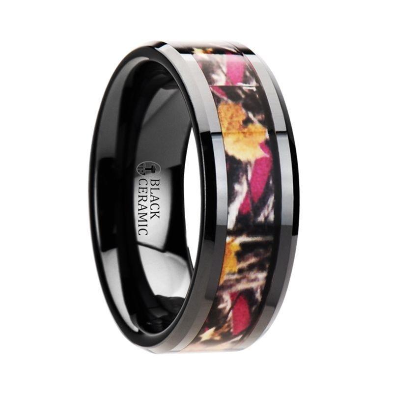 LAUREL Realistc Tree Camo Black Ceramic Wedding Band with Real Pink Oak Leaves - 6mm - 8mm - Thorsten Rings