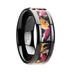 LAUREL Realistc Tree Camo Black Ceramic Wedding Band with Real Pink Oak Leaves - 6mm - 8mm - Thorsten Rings