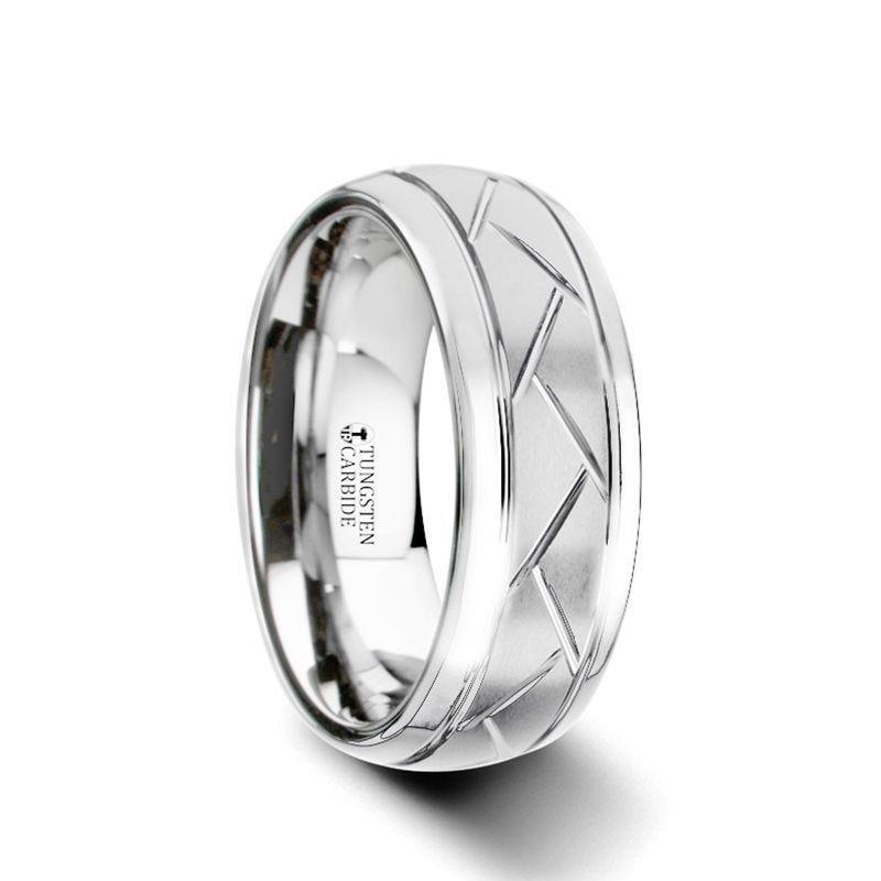 OCTAVIAN Domed Tungsten Carbide Ring with Crisscross Grooves and Brushed Finish - 8mm - Thorsten Rings