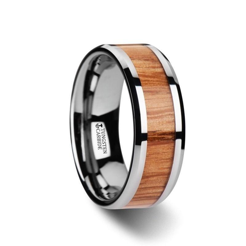 VERMILLION Red Oak Wood Inlaid Tungsten Carbide Ring with Bevels - 6mm - 10mm - Thorsten Rings