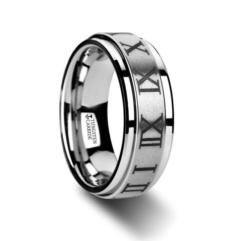 IMPERIUS Raised Center Brush Finish Spinner Ring with Roman Numerals - 8mm - Thorsten Rings
