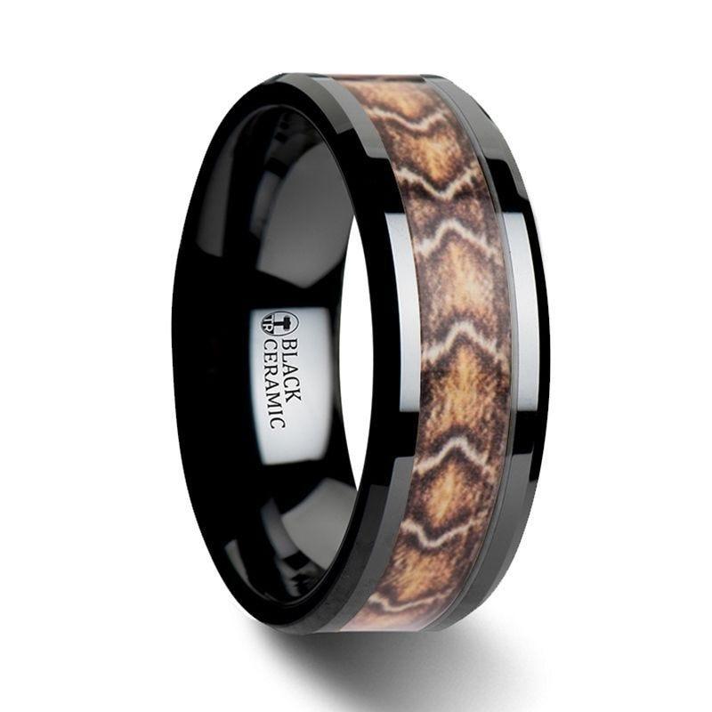 FANG Black Ceramic Wedding Ring with Boa Snake Skin Design Inlay - 8mm - Thorsten Rings
