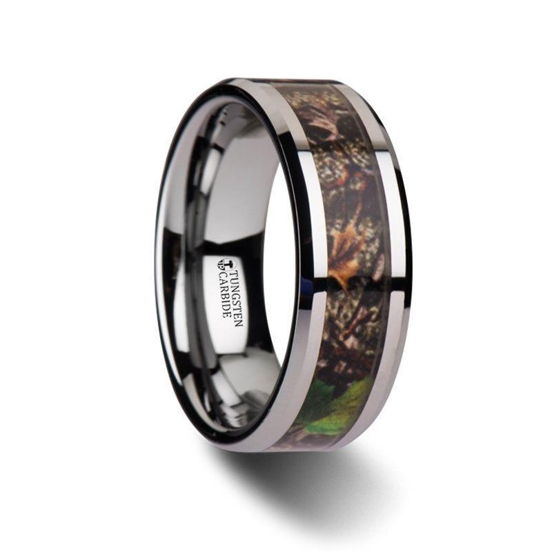 OVERGROWTH Realistic Tree Camo Tungsten Carbide Wedding Band with Green Leaves - 8mm - Thorsten Rings
