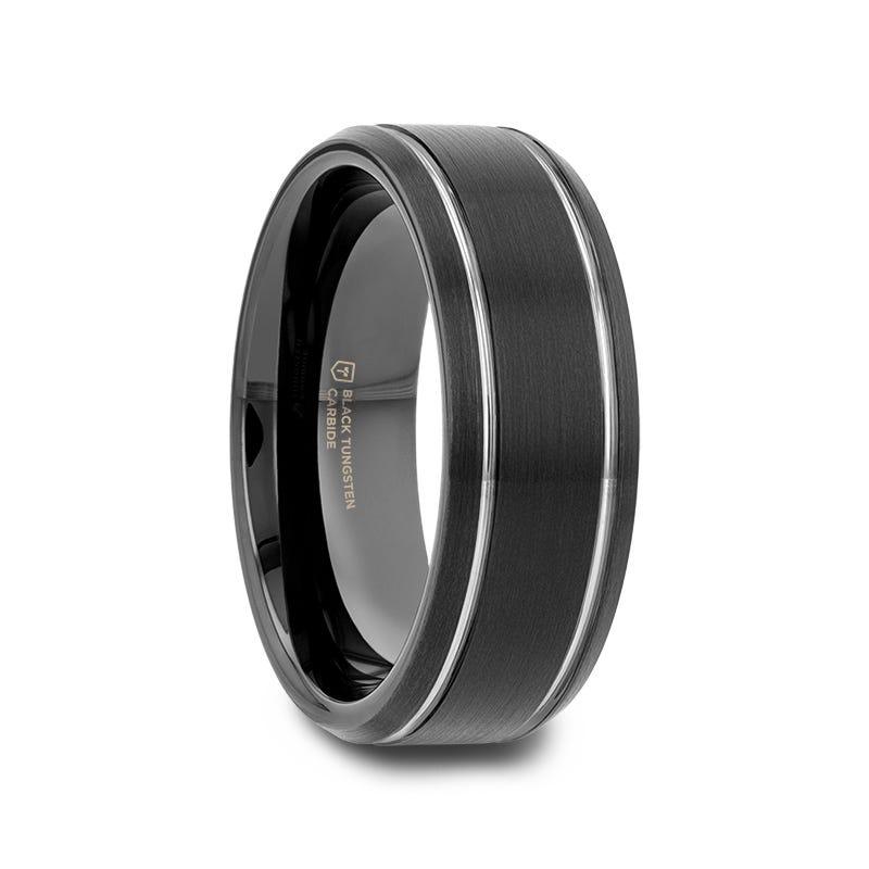 NOCTURNE Black Beveled Tungsten Carbide Band with Polished Grooves and Brushed Finish - 6mm or 8mm - Thorsten Rings