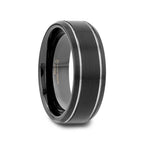 NOCTURNE Black Beveled Tungsten Carbide Band with Polished Grooves and Brushed Finish - 6mm or 8mm - Thorsten Rings
