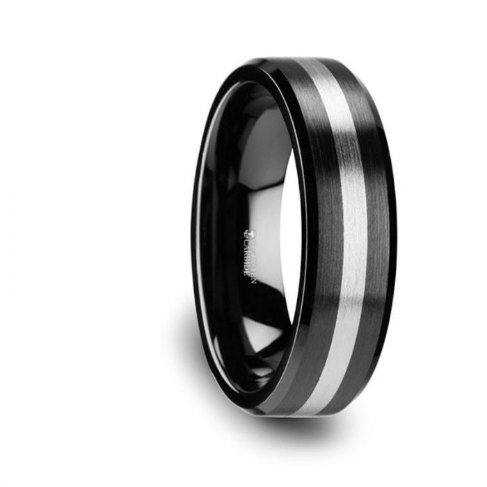 PHOENIX Brushed Black Ceramic Ring with Beveled Edges and Tungsten Inlay - 6mm or 8mm - Thorsten Rings
