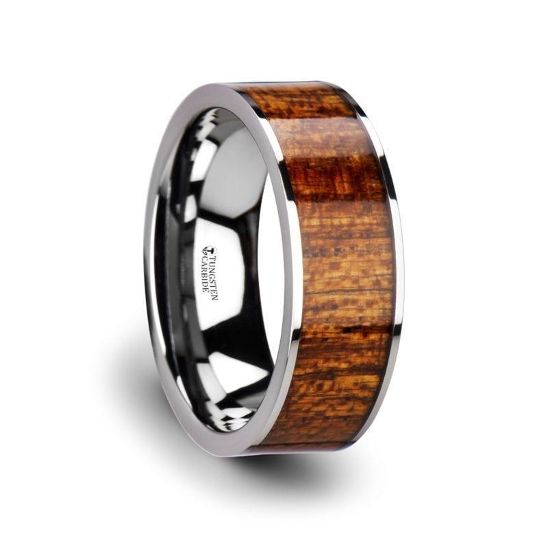 BOLO Flat Tungsten Carbide Band with Exotic Mahogany Hard Wood Inlay and Polished Edges - 8mm - Thorsten Rings