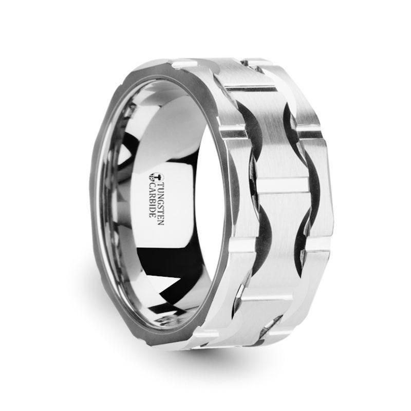 KANYE Tungsten Carbide Wedding Band with Moon Grooves and Brushed Finish - 10mm - Thorsten Rings