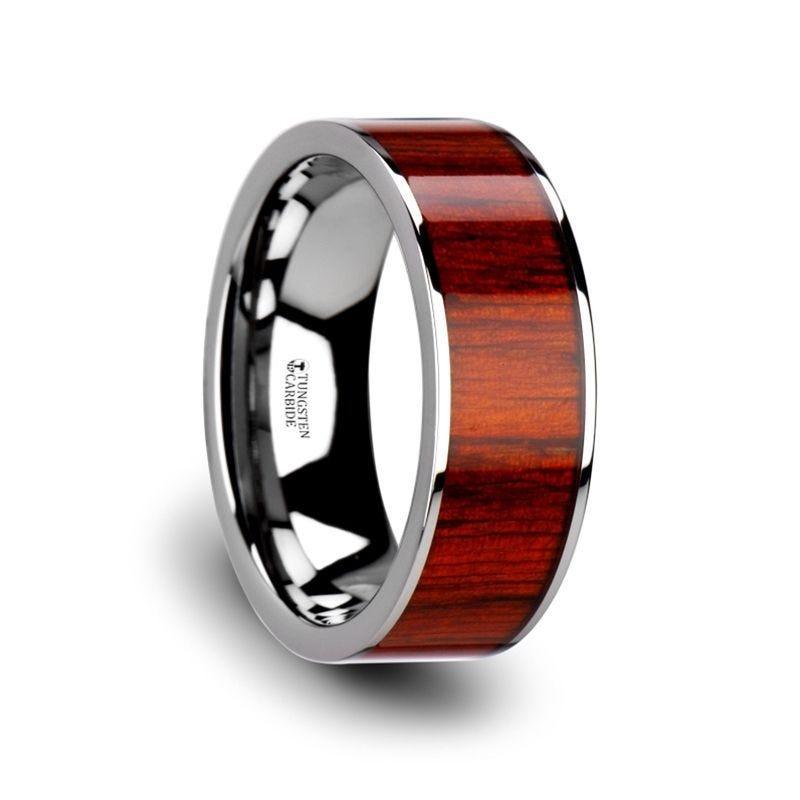 CLAYMORE Flat Tungsten Carbide Band with Exotic Padauk Wood Inlay and Polished Edges - 8mm - Thorsten Rings