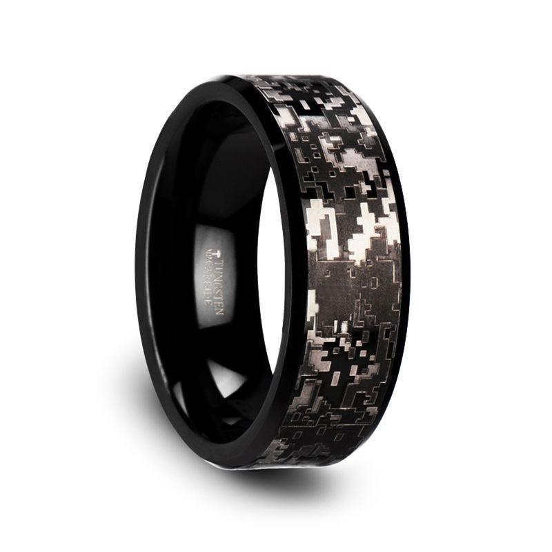 SMOKESCREEN Black Tungsten Carbide Wedding Ring with Engraved Digital Camouflage - 8mm - Thorsten Rings