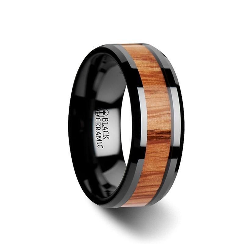 OBLIVION Red Oak Wood Inlaid Black Ceramic Ring with Bevels - 10mm - Thorsten Rings