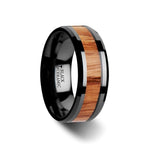 OBLIVION Red Oak Wood Inlaid Black Ceramic Ring with Bevels - 10mm - Thorsten Rings