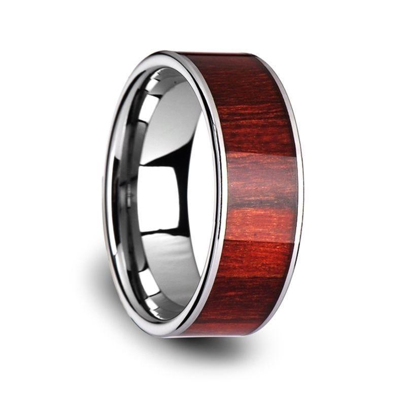 SHERWOOD Flat Tungsten Carbide Band with Exotic Brazilian Rose Wood Inlay and Polished Edges - 8mm - Thorsten Rings