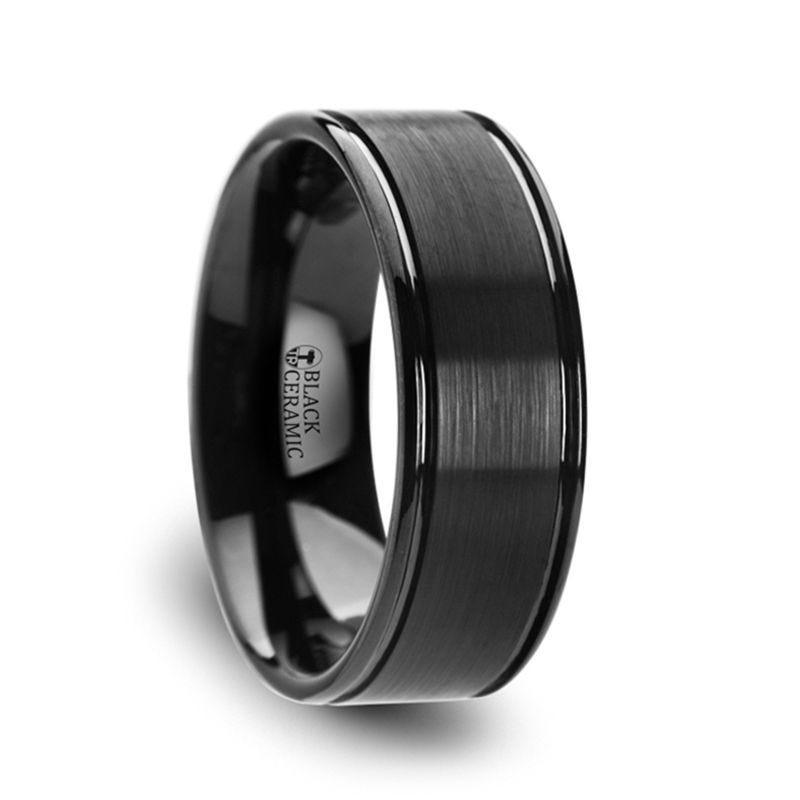 BLACKHEART Flat Brushed Finish Center Black Ceramic Wedding Band with Dual Offset Grooves and Polished Edges - 6mm or 8mm - Thorsten Rings