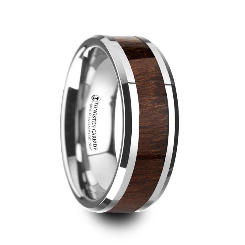 DACIAN Carpathian Wood Inlaid Tungsten Carbide Ring with Bevels - 6mm & 8mm - Thorsten Rings
