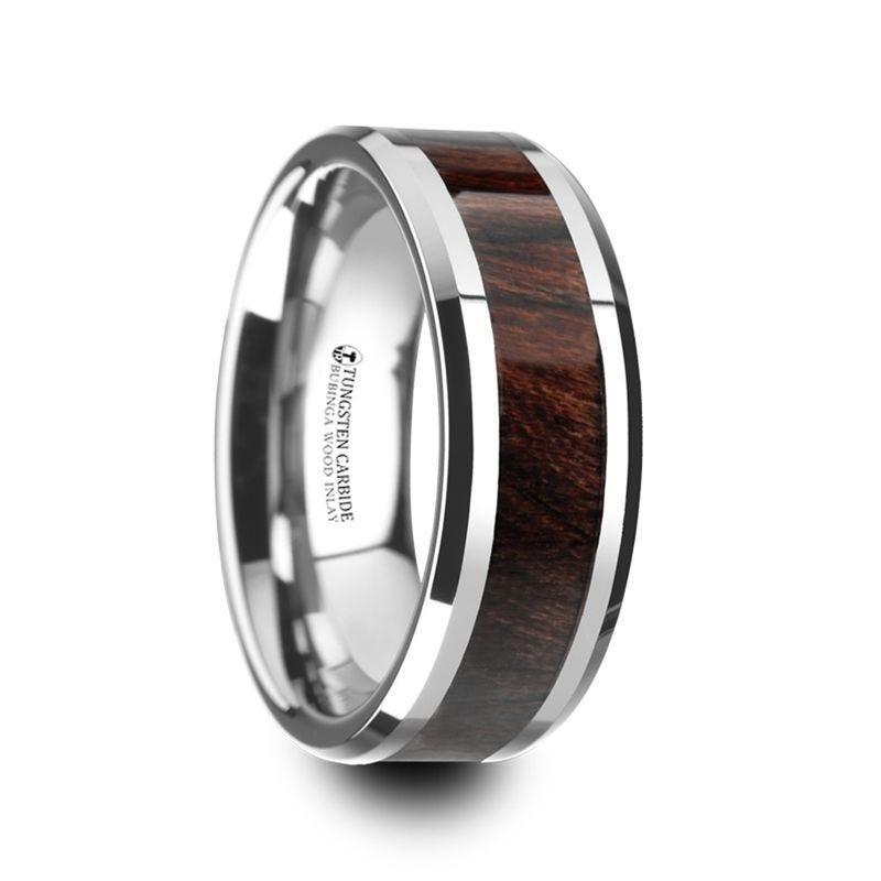 KEVAZ Bubinga Wood Inlaid Tungsten Carbide Ring with Bevels - 8mm - Thorsten Rings