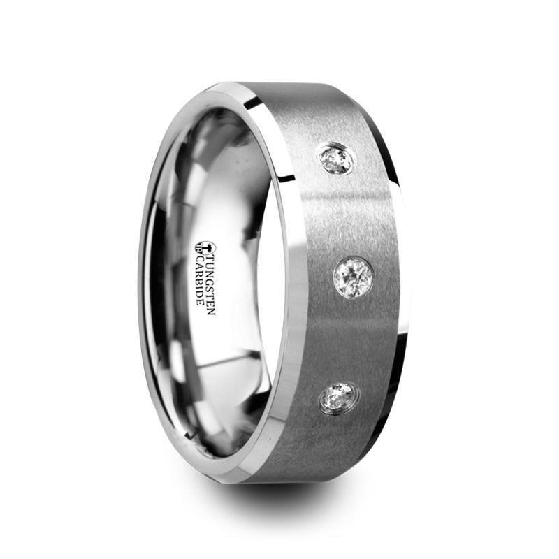 SAMUEL Satin Finish Tungsten Carbide Wedding Ring with 3 White Diamond Setting and Beveled Edges- 8mm - Thorsten Rings