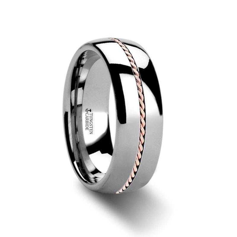 ROSSMOOR Braided 14K Rose Gold Inlay Domed Tungsten Ring - 6mm & 8mm - Thorsten Rings