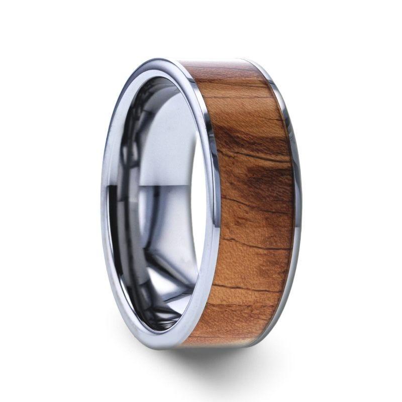 OLIVASTER Olive Wood Inlaid Flat Tungsten Carbide Ring with Polished Edges - 8mm - Thorsten Rings