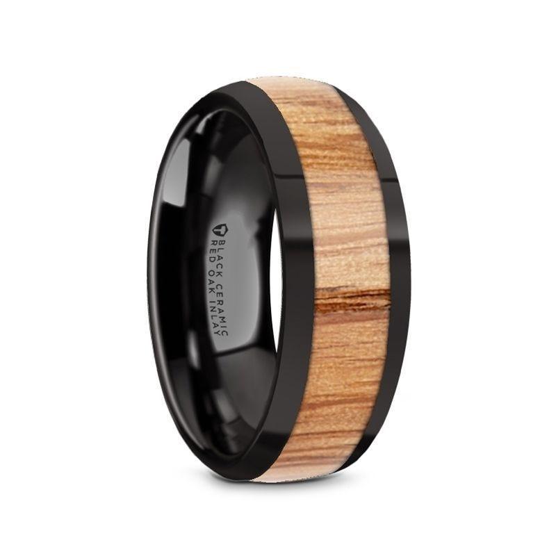 AMBROSE Black Ceramic Polished Edges Men’s Domed Wedding Band with Red Oak Wood Inlay - 8mm - Thorsten Rings