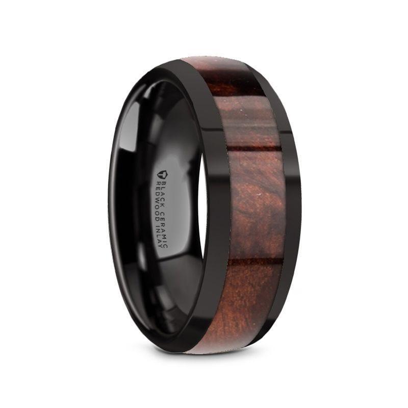 CLARET Black Ceramic Polished Edges Men’s Domed Wedding Band with Redwood Inlay - 8mm - Thorsten Rings