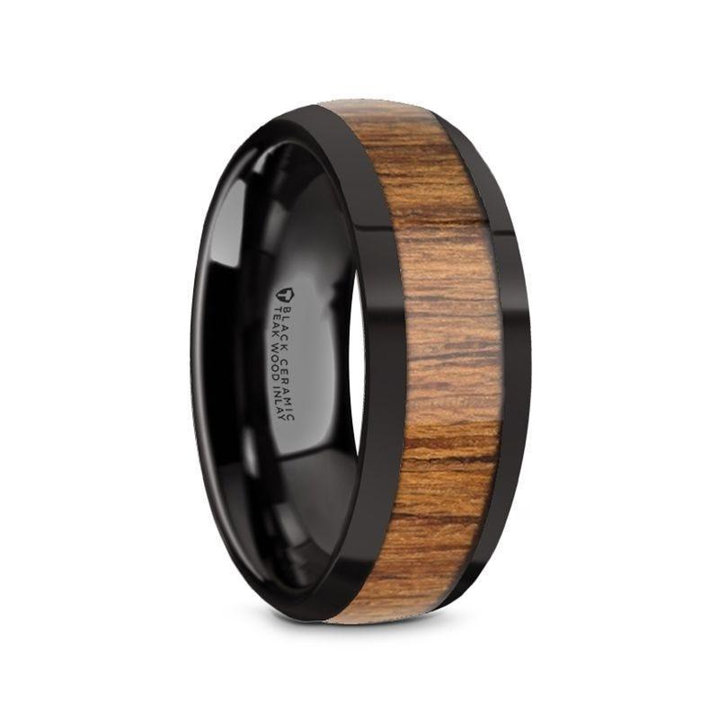 TULIAN Black Ceramic Polished Edges Men’s Domed Wedding Band with Teak Wood Inlay - 8mm - Thorsten Rings