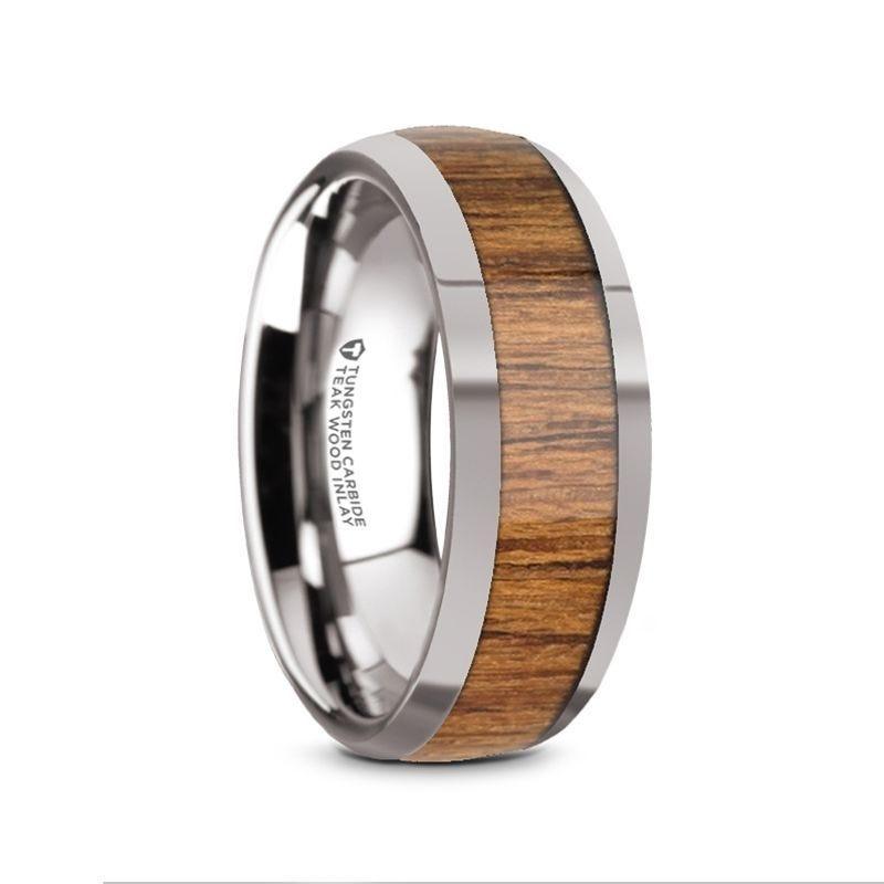 THEKKA Domed Tungsten Carbide Polished Edges Teak Wood Inlaid Men’s Wedding Ring - 8mm - Thorsten Rings