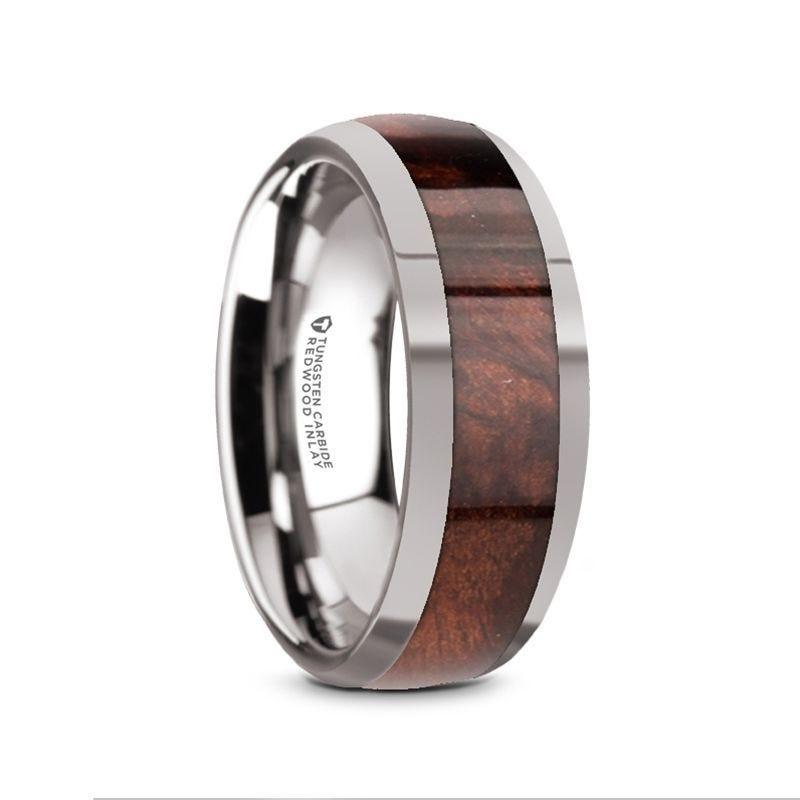 GROVE Men’s Tungsten Polished Edges Domed Wedding Ring with Redwood Inlay - 8mm - Thorsten Rings