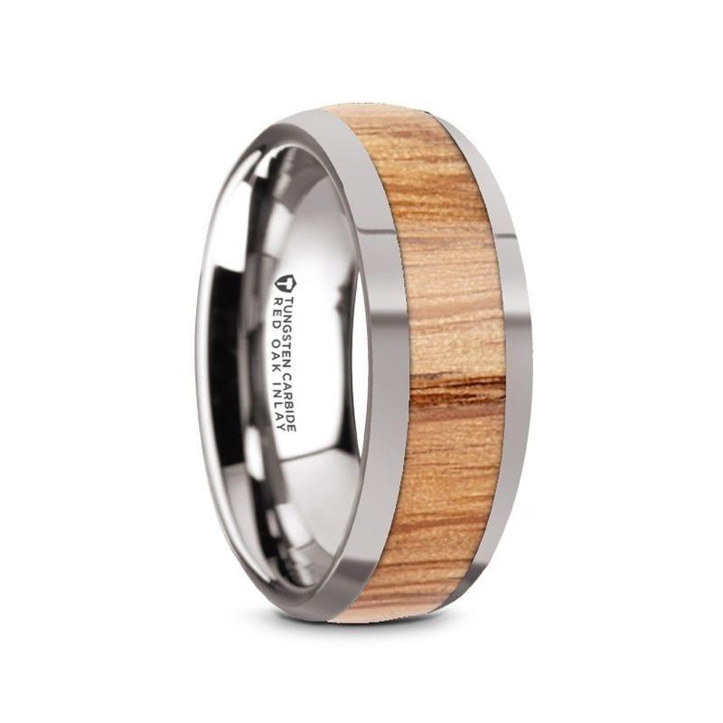 CINDER Men’s Polished Edges Domed Tungsten Wedding Band with Red Oak Wood Inlay - 8mm - Thorsten Rings