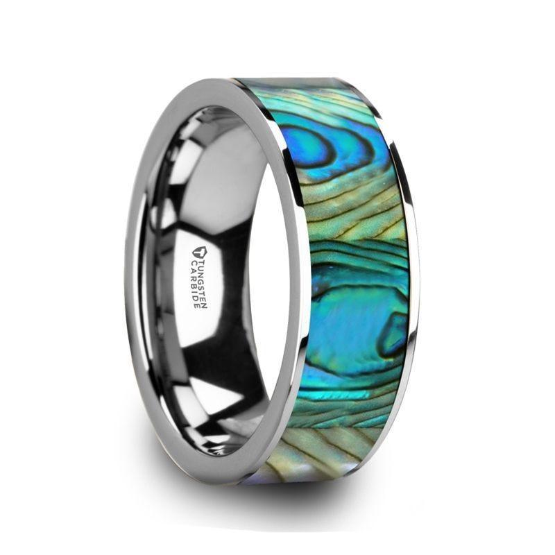 LAURANT Tungsten Men’s Flat Wedding Band with Mother of Pearl Inlay & Polished Finish - 8mm - Thorsten Rings