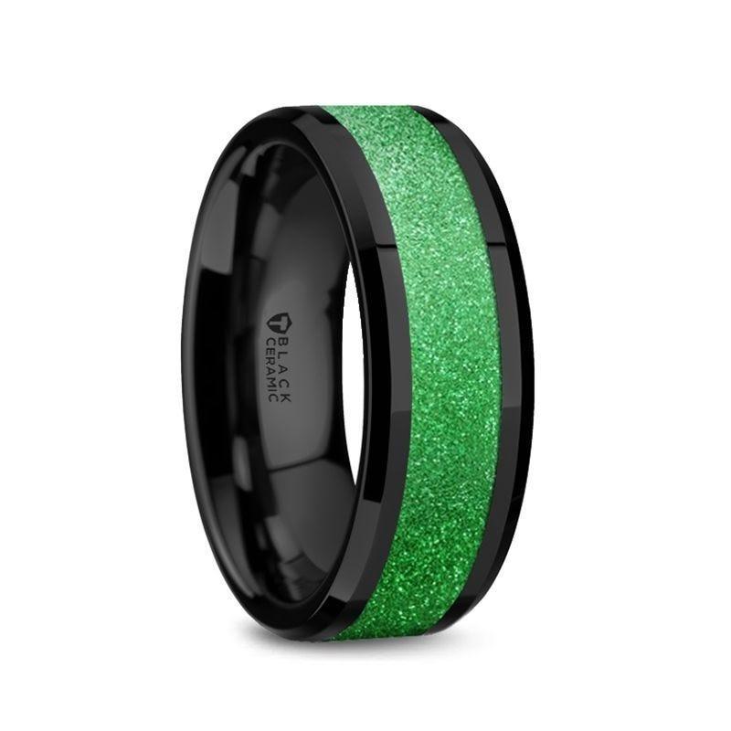 WAIKIKI Black Ceramic Polished Beveled Edges Sparkling Green Inlay Men’s Wedding Band - 8mm - Thorsten Rings