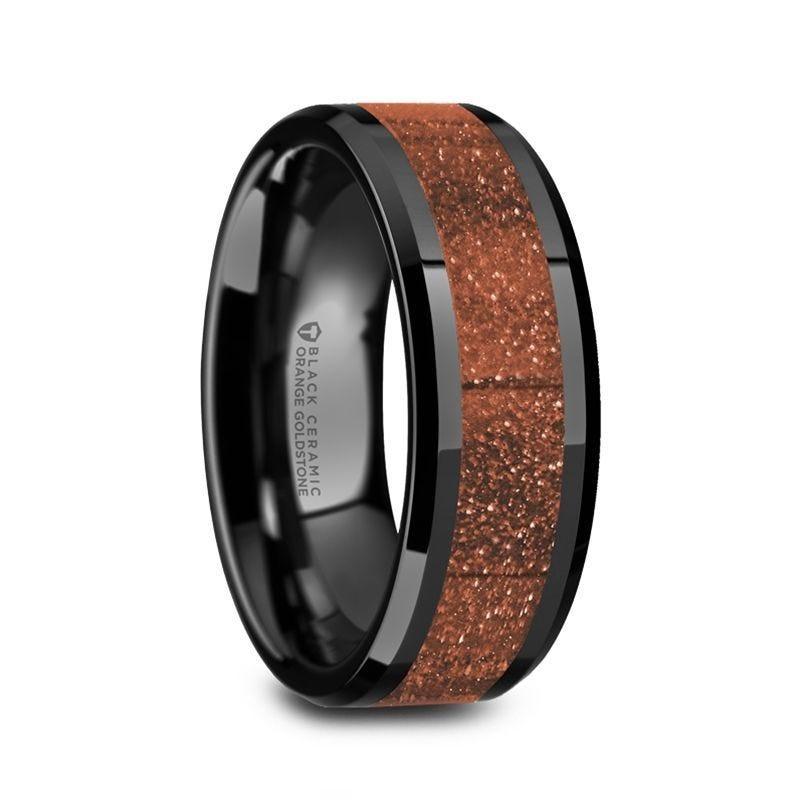 BOLIN Men’s Black Ceramic Polished Finish Beveled Edges Wedding Band with Orange Goldstone Inlay - 8mm - Thorsten Rings