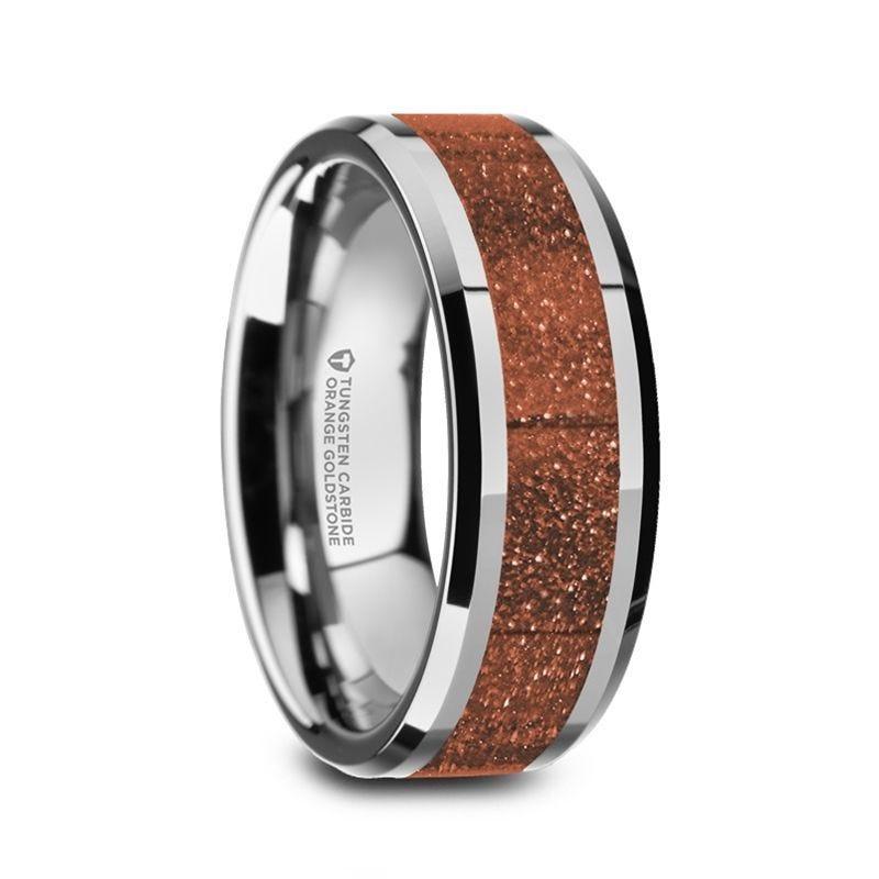BODHI Men’s Polished Finish Beveled Edges Tungsten Wedding Band with Orange Goldstone Inlay - 8mm - Thorsten Rings