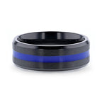DECLAN Men’s Beveled Black Ceramic Brushed Finish Wedding Band with Polished Blue Stripe - 8mm